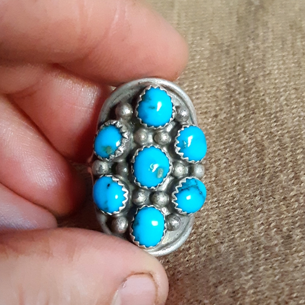 Navajo Style Sterling Turquoise Cabochon Cluster Ring Size 8.75 - Picture 1 of 16